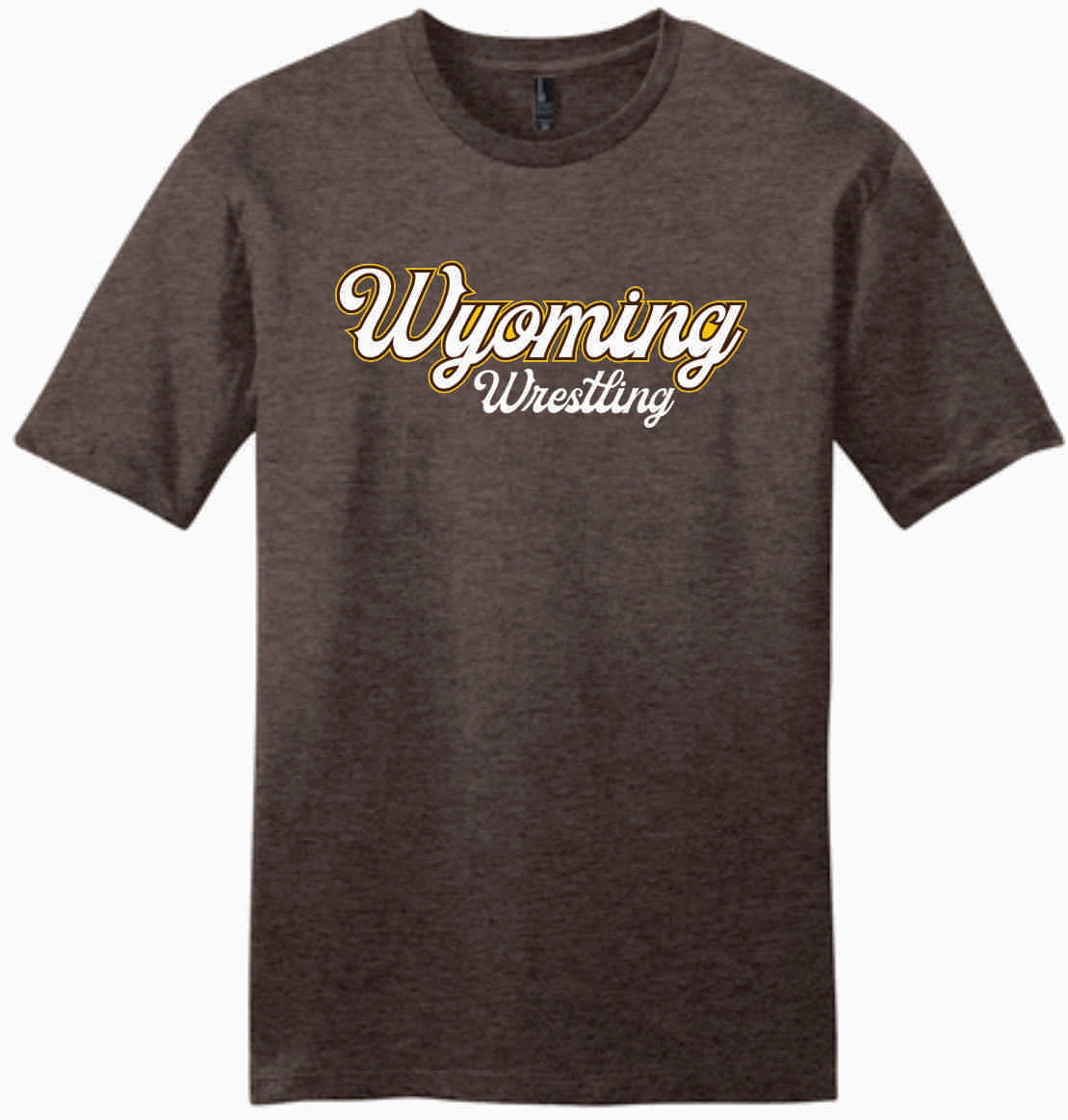 brown short sleeve tee with cursive wyoming in white with gold outline and has white cursive lettering below all center chest