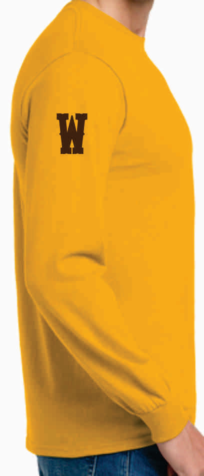 side of gold long sleeve and shows the block w in brown on the left sleeve