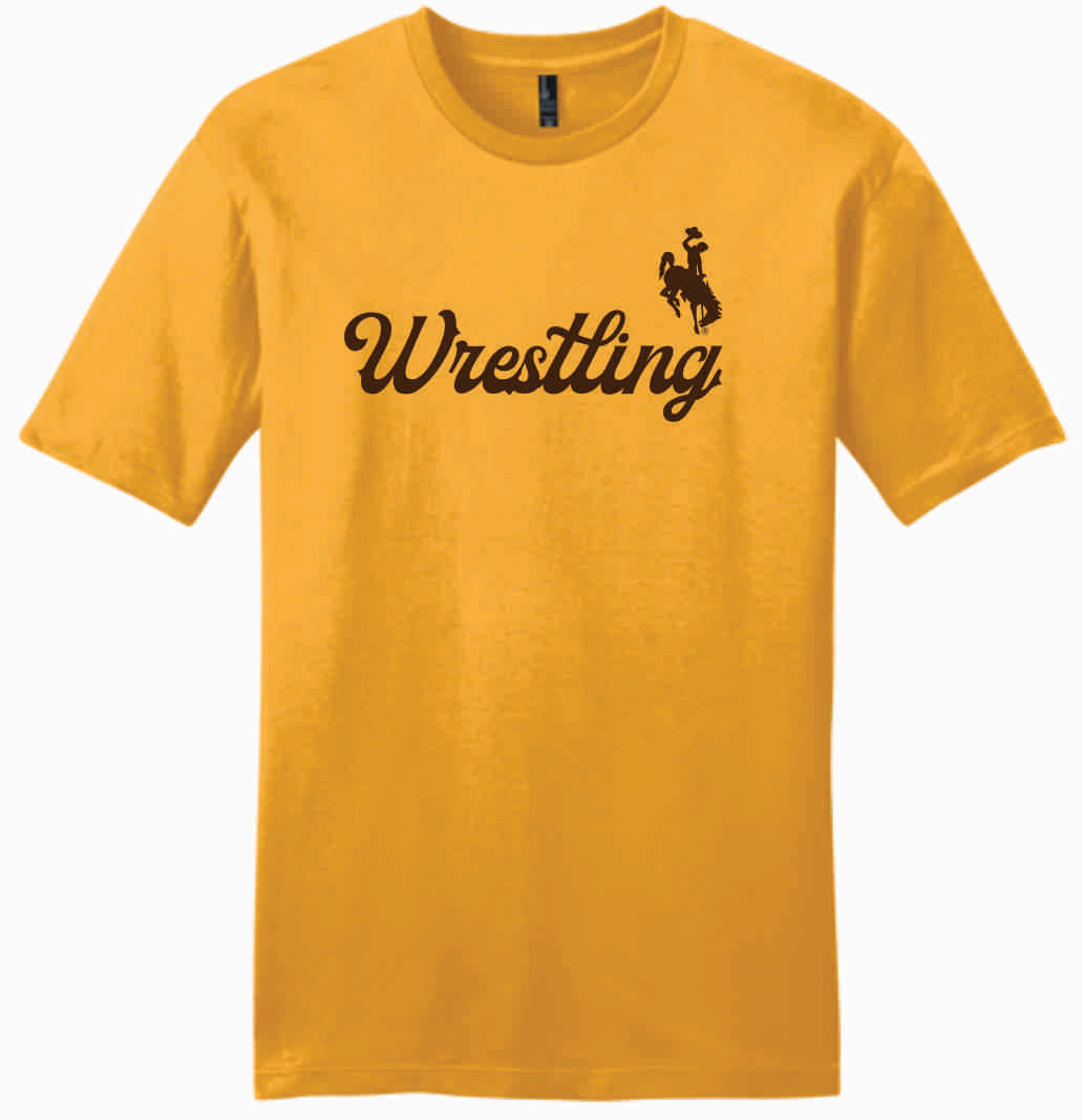 gold s/s tee with brown design center chest. design is cursive wrestling script with bucking horse top left of design