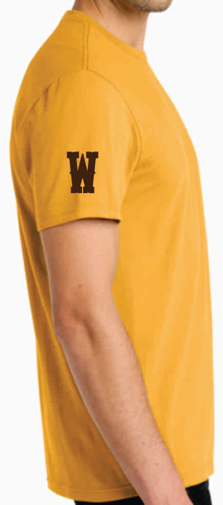 side of tee shirt with brown block w on left sleeve