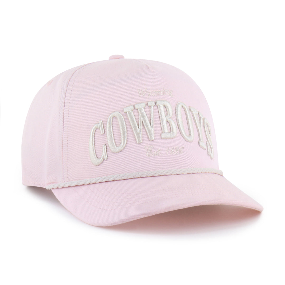 pink adjustable hat with white rope on brim. has wyoming cowboys est 1886 in white embroidery on front panel.