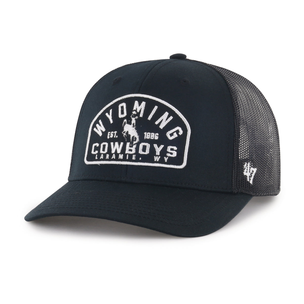 black adjustable hat with mech back. has patch outlined in white stiching with wyoming cowboys bucking horse laramie wy est 1886 inside the patch.