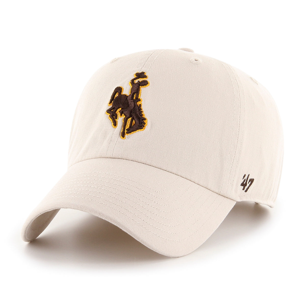 cream structured adjustable hat with embroidered bucking horse on front in brown with gold outline