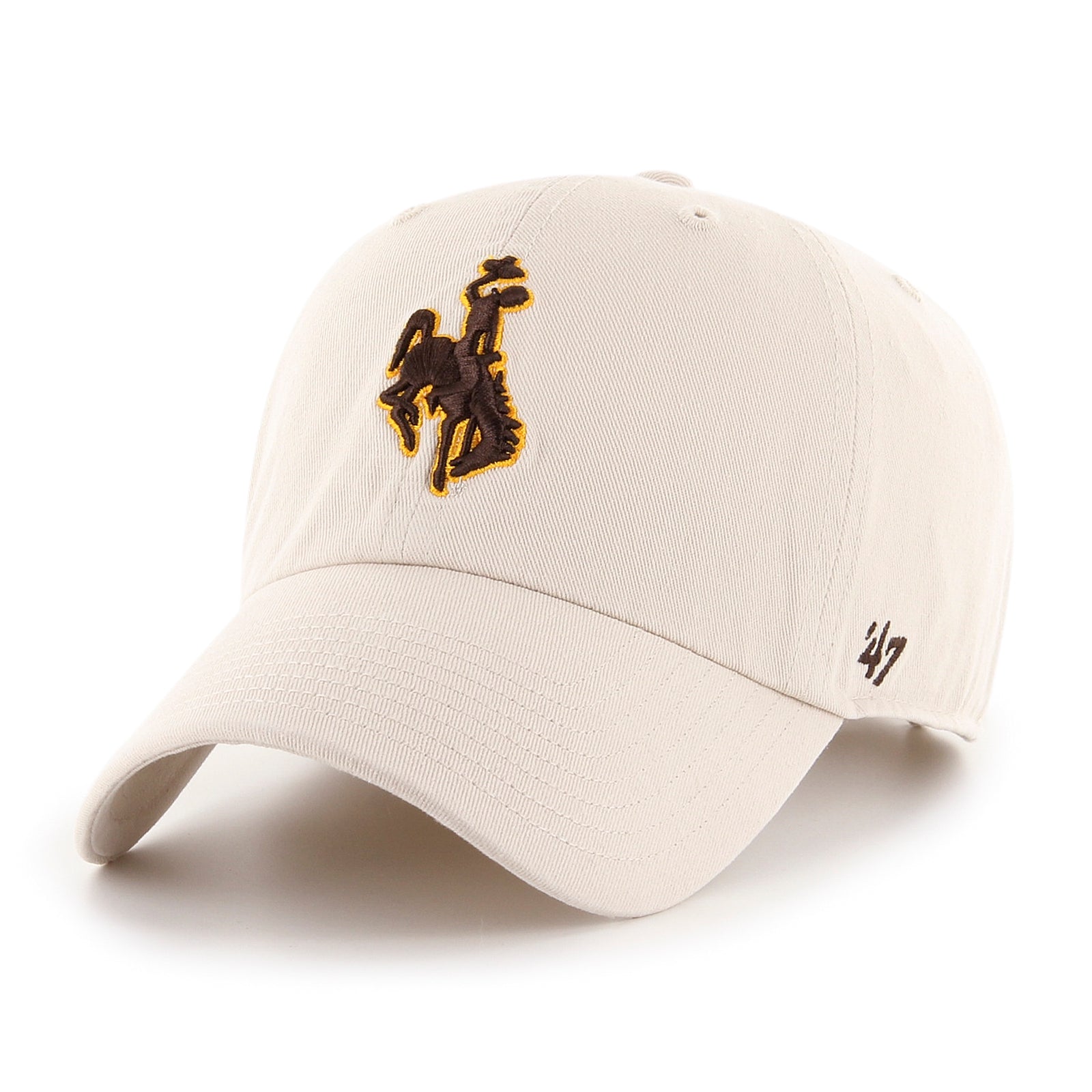 cream structured adjustable hat with embroidered bucking horse on front in brown with gold outline