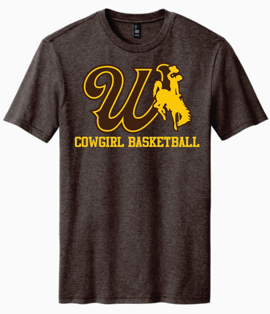 brown short sleeve with design center chest. design is brown W in brown with gold bucking horse to the left. has gold cowgirl basketball lettering below