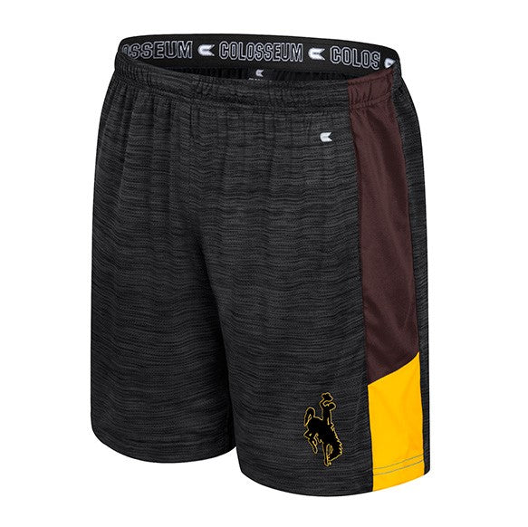 charcoal and grey short with brown and gold panel on hips. has black bucking horse with gold outline on left thigh