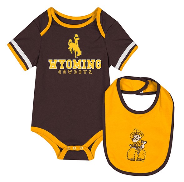 brown infant onesie with gold trim and white stripe on sleeves. has bucking horse wyoming cowboys on center chest. comes with gold bib with brown outline and pistol pete centered