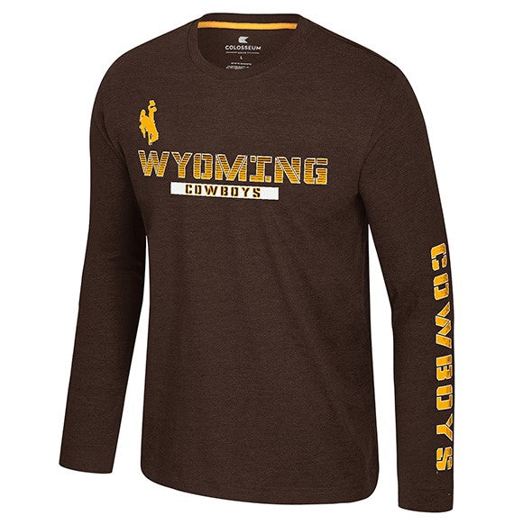 brown long sleeve. design is gold bucking horse left centered with wyoming lettering below in gradient and cowboys below that on chest. gradient cowboys going vertical on left sleeve