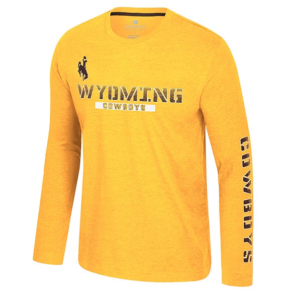 gold long sleeve. design is brown bucking horse left centered with wyoming lettering below in gradient and cowboys below on chest. gradient cowboys going vertical on left sleeve