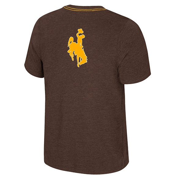 back of brown short sleeve shirt. has gold bucking horse on top of back