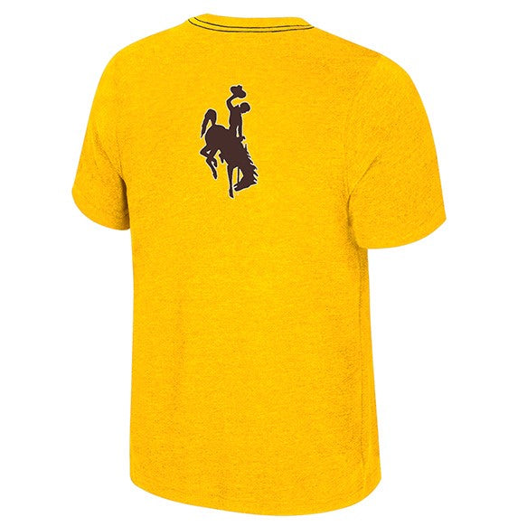 back of gold short sleeve shirt. has brown bucking horse on top of back