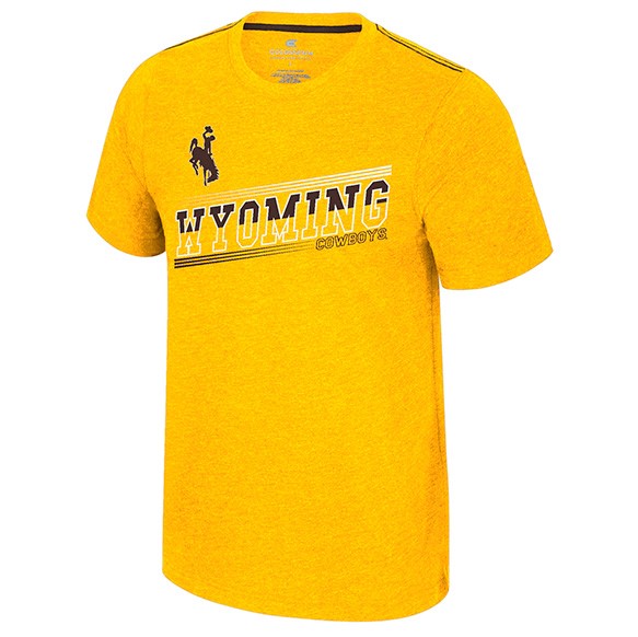 front of brown short sleeve with design center chest. design is gold bucking horse left cetered with wyoming lettering below filled half gold and half brown with cowboys right centered under