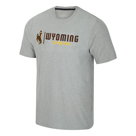 grey tee shirt with design center chest. design is bucking horse to the right with line to the left of that. then has brown wyoming letters with gold cowboys below.