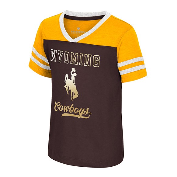 two panel v-neck tee with gold panel at top and body brown. has white border on collar and two pin stripes on sleeve. design is wyoming lettering bucking horse and cowboys script below