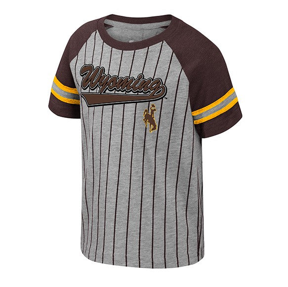 grey and brown toddler pin striped tee shirt with design center chest. sleeves are brown with gold and grey stripe at bottom. has brown script wyoming with a tail and a bucking horse right centered below that.