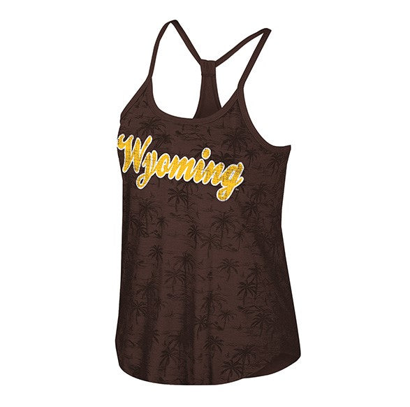 reverse side of brown women's tank top. has design in dark brown all over with gold wyoming script with white outline across chest.