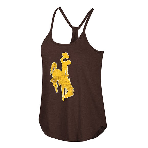 brown women's tank top with spaghetti straps. has big gold bucking horse with white outline. gold is distressed.