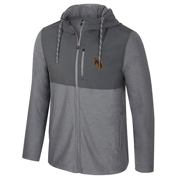 grey full zip jacket with dark grey chest and hood. has strings on hood. brown bucking horse left chest with white outline. has small zipper pocket on front left chest