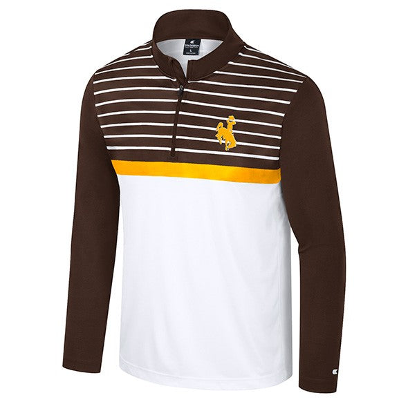 white and brown 1/4 zip. has white body, brown sleeves, and a brown and white striped chest with gold stripe at bottom. has gold bucking horse left chest with white outline