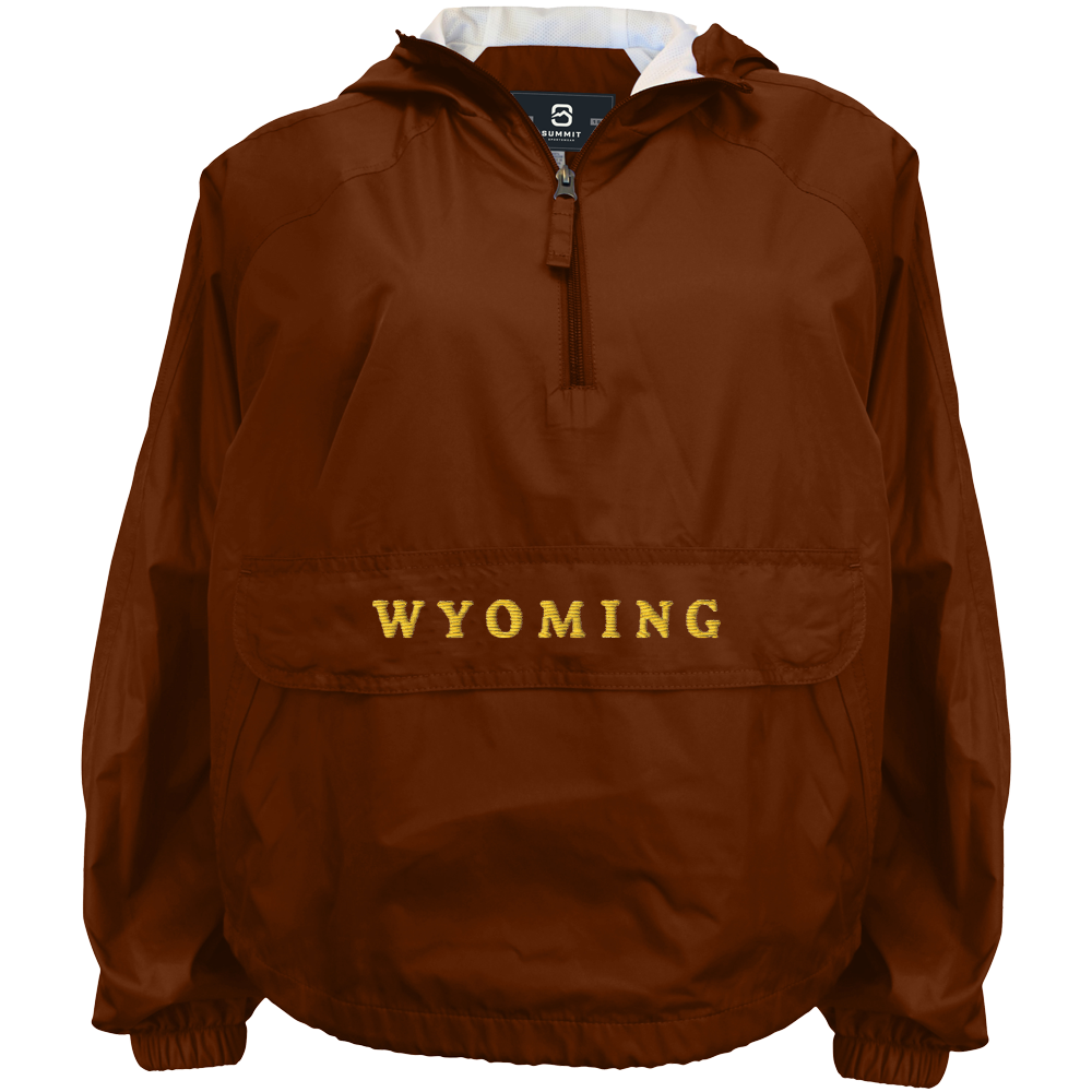 brown polyester hooded 1/4 zip jacket with hood. has big pocket on the front. has wyoming lettering in gold on flap of front pocket