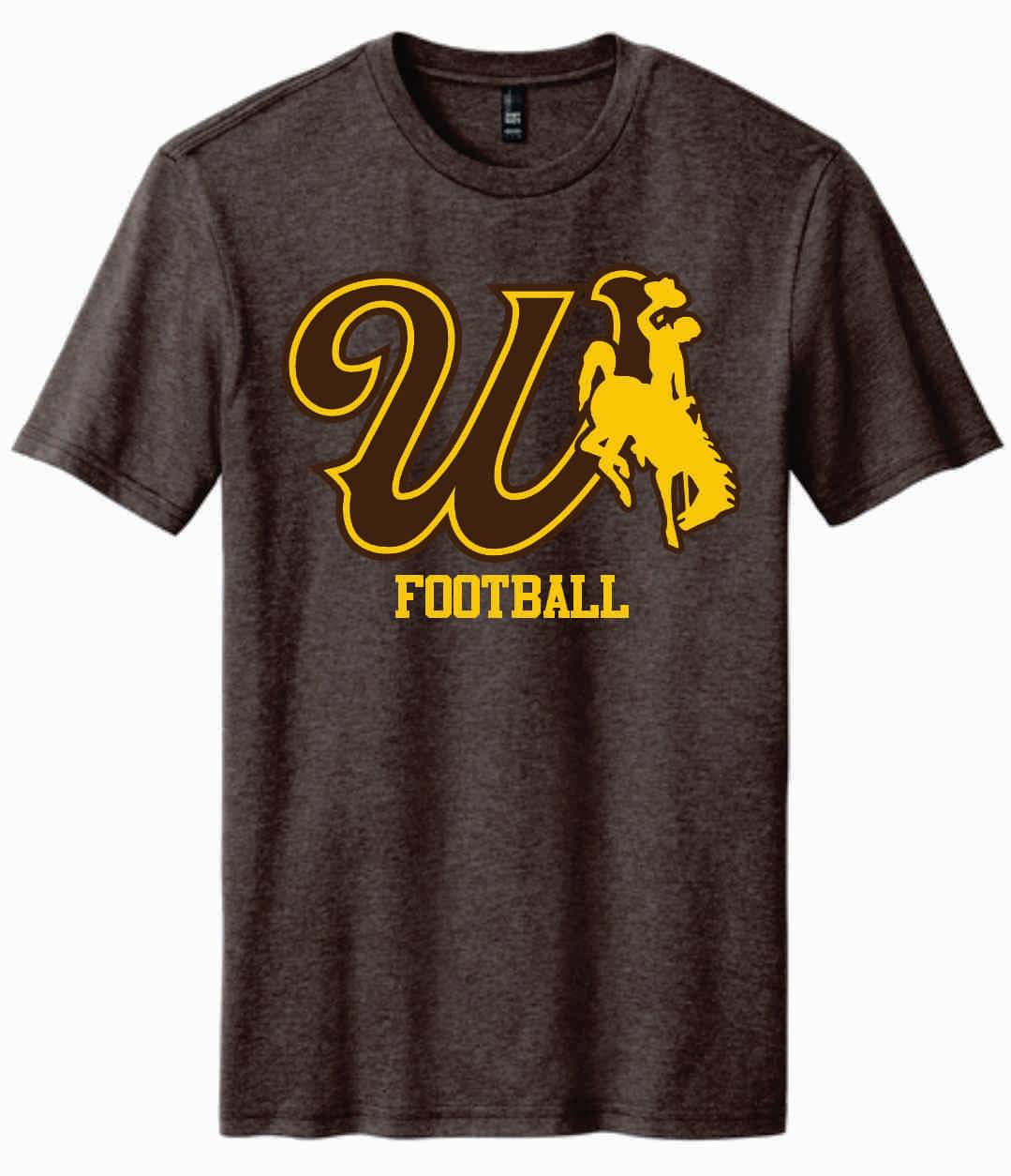 brown short sleeve with design center chest. design is brown W in brown with gold bucking horse to the left. has gold football lettering below