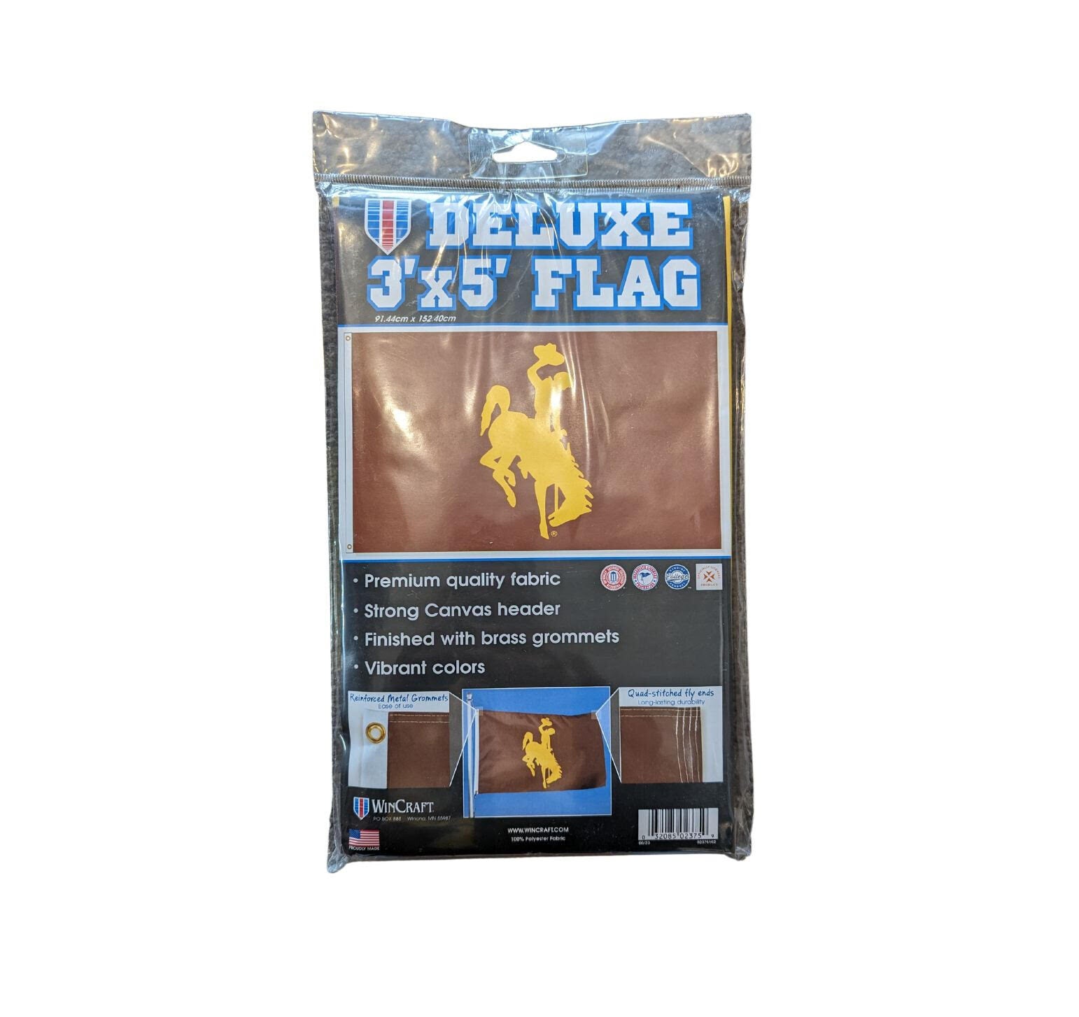 3 feet by 5 feet bucking horse flag. Brown background, yellow bucking horse.