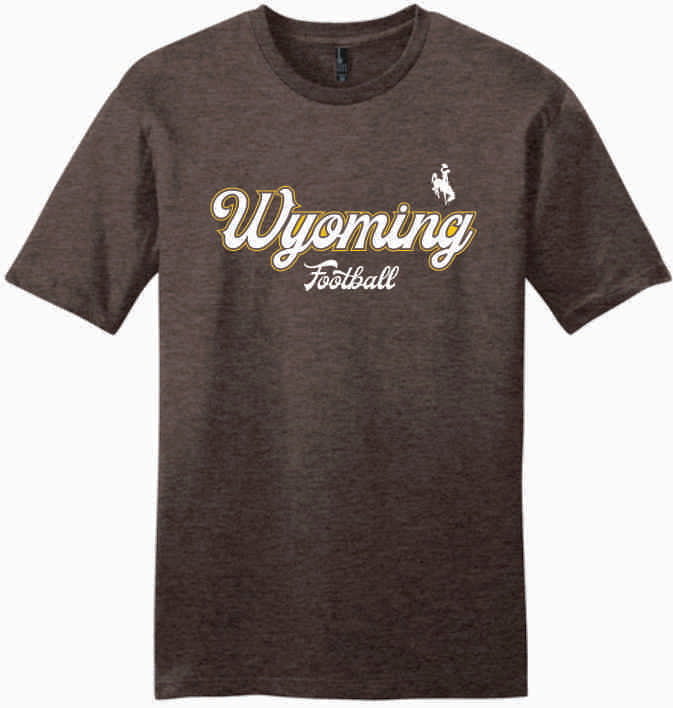 Dark brown t-shirt with 'Wyoming Football' text and logo in white