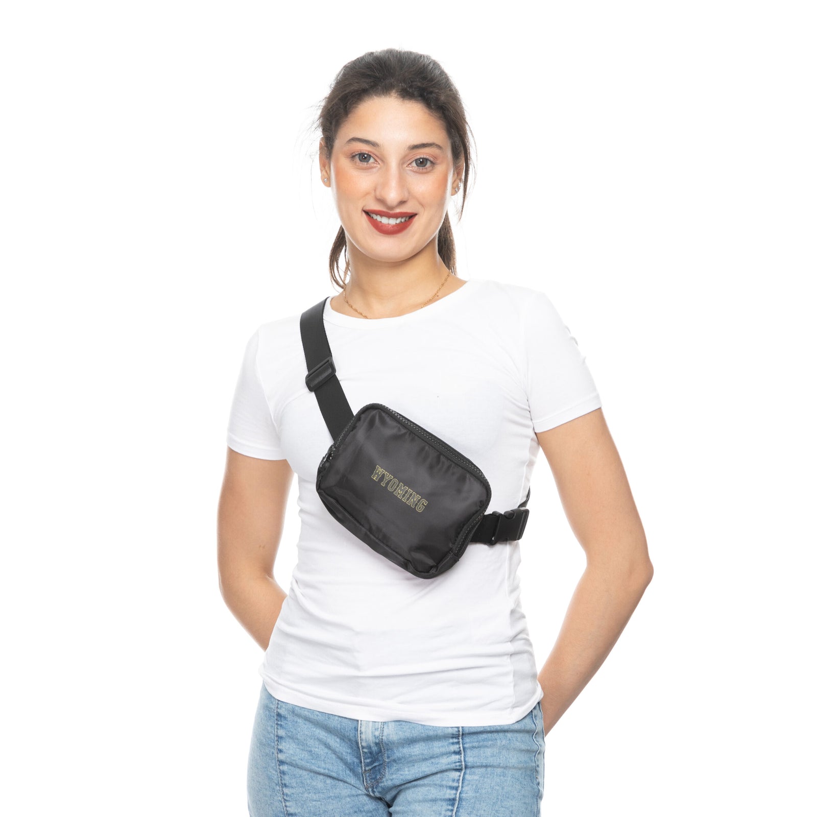black fanny pack style bag with word Wyoming on front in brown with gold outline