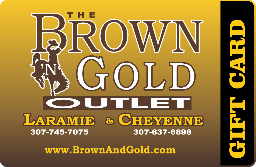 Gift card from The Brown Gold Outlet with contact information on a gold and brown background
