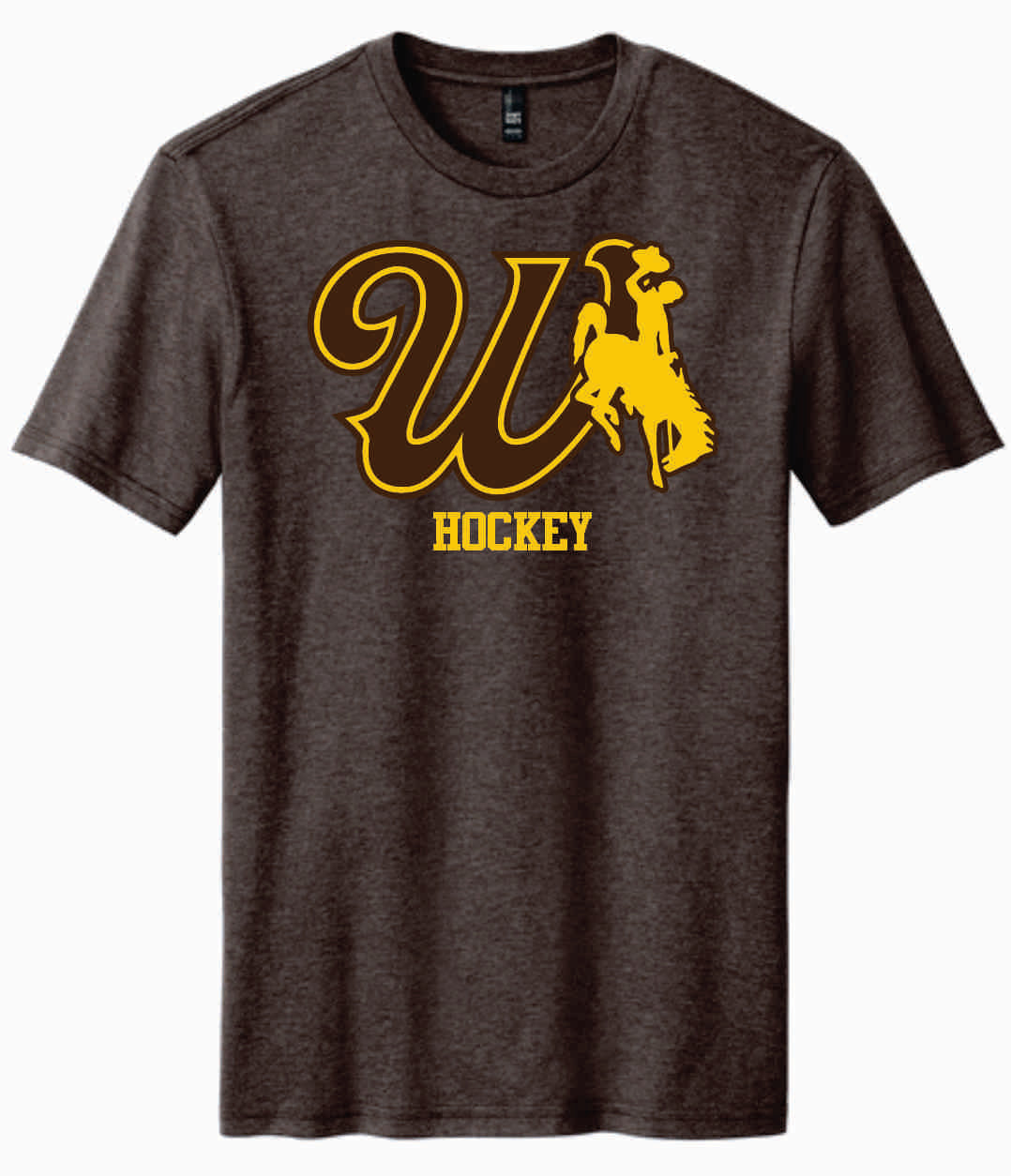 brown short sleeve with design center chest. design is brown W in brown with gold bucking horse to the left. has gold hockey lettering below