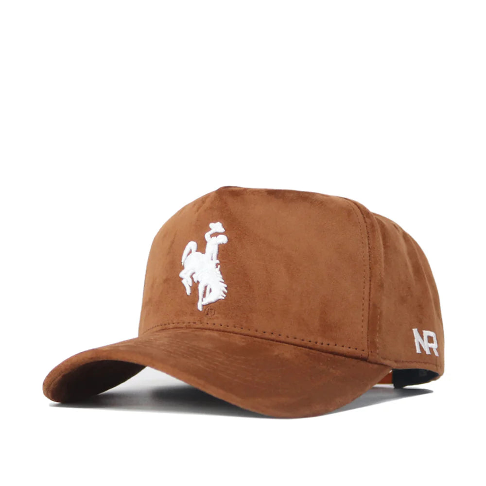 corduroy brown hat with white bucking horse embroidered on front panel. has nr logo on left side of hat in white
