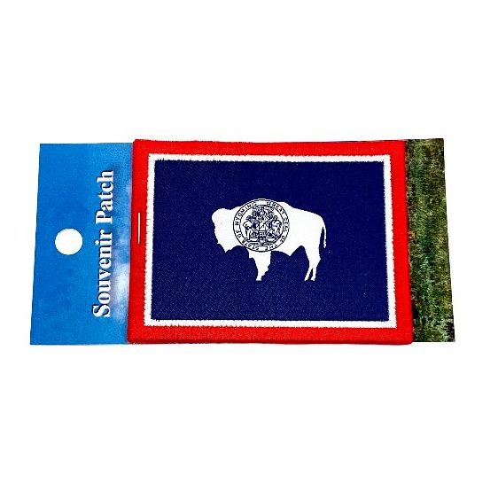 iron on patch of the Wyoming state flag, approx. 4 inches long and 3 inches tall