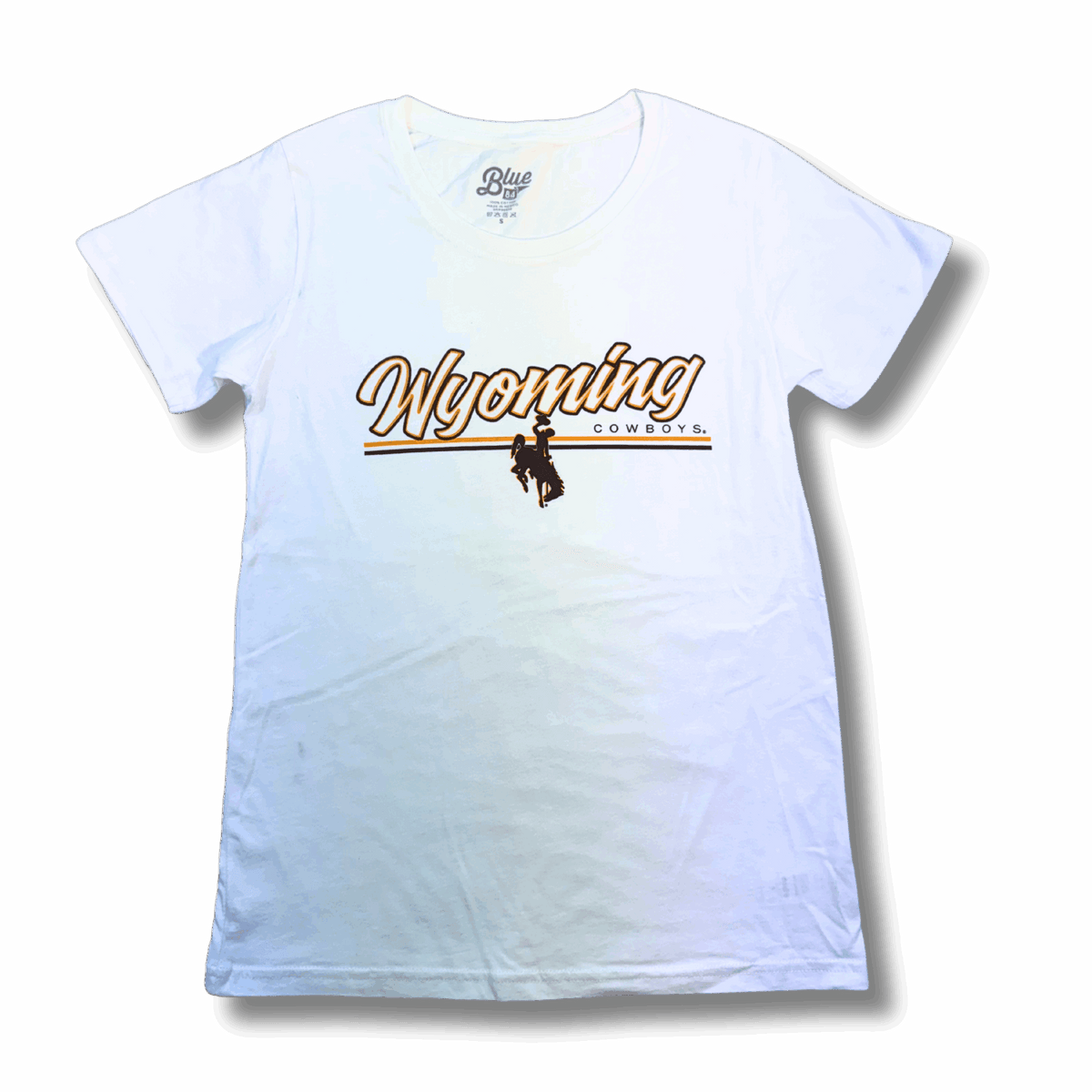 white short sleeve t-shirt with center chest design. Design is a brown and gold outlined wyoming script with two lines below. Above top line is cowboys left centered and centered on the lines is a bucking horse