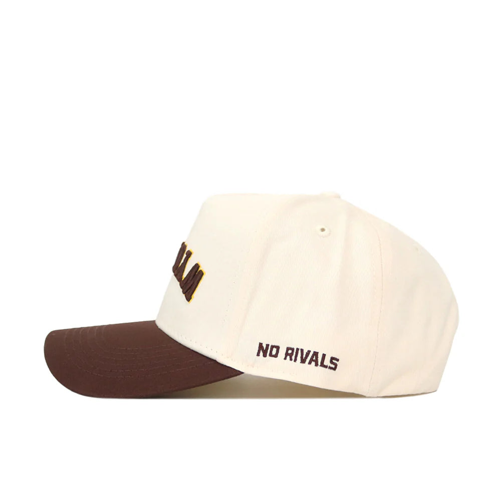 side of cream hat with brown brim. has no rivals embroidered in brown on left side of hat