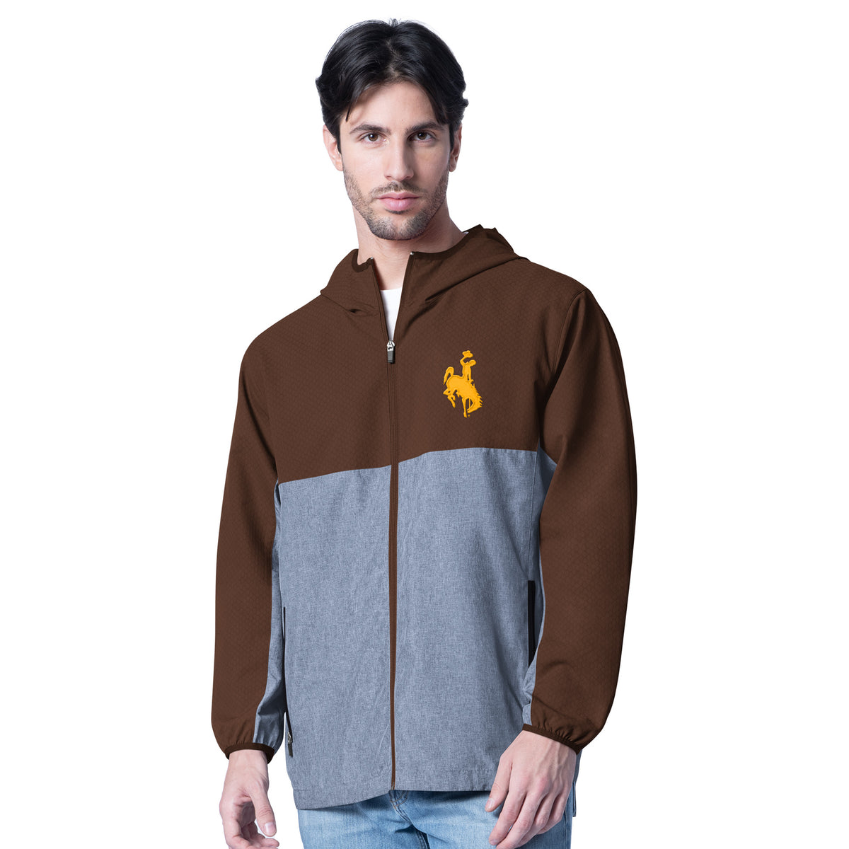 brown and grey zip up jacket. has gold bucking horse embroidered on left chest