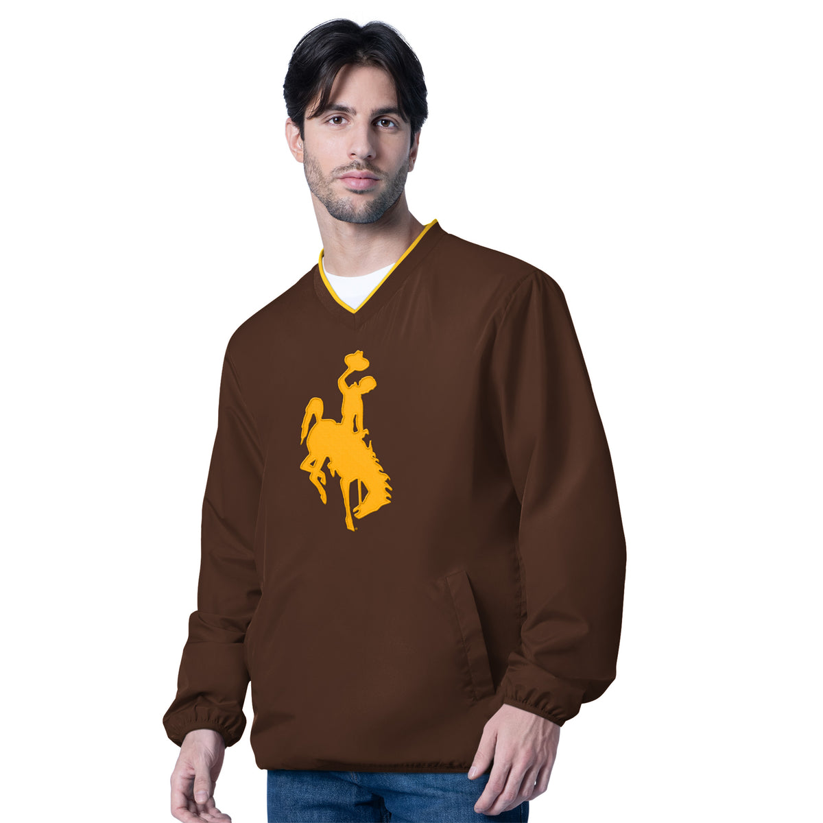 brown v-neck unisex pullover with gold bucking horse embroidered on center chest. gold outline on neck and big pocket on front