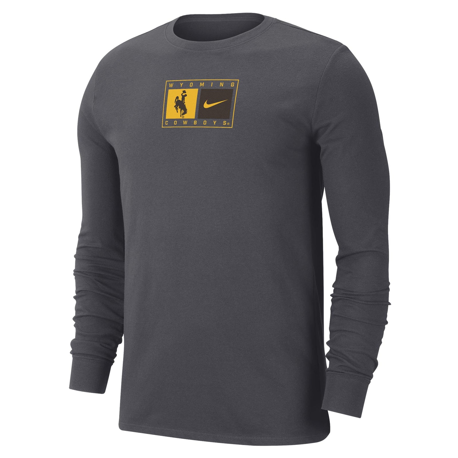 grey nike long sleeve. design is a gold outlined rectangle with gold bucking horse square on left of brown nike square inside. has gold wyoming cowboys lettering inside rectangle too.