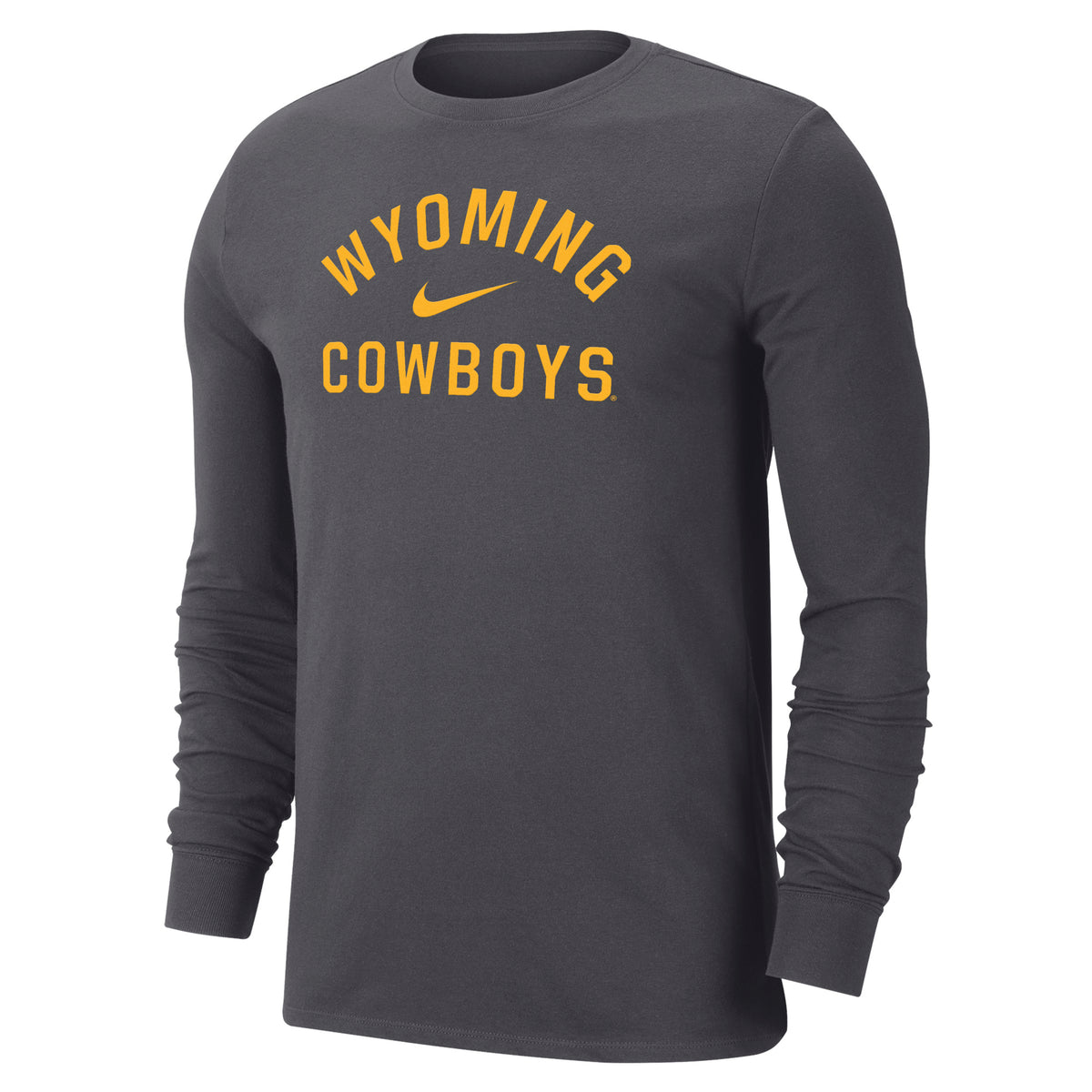 Gray long-sleeve shirt with 'Wyoming Cowboys' text and Nike logo in gold all center chest