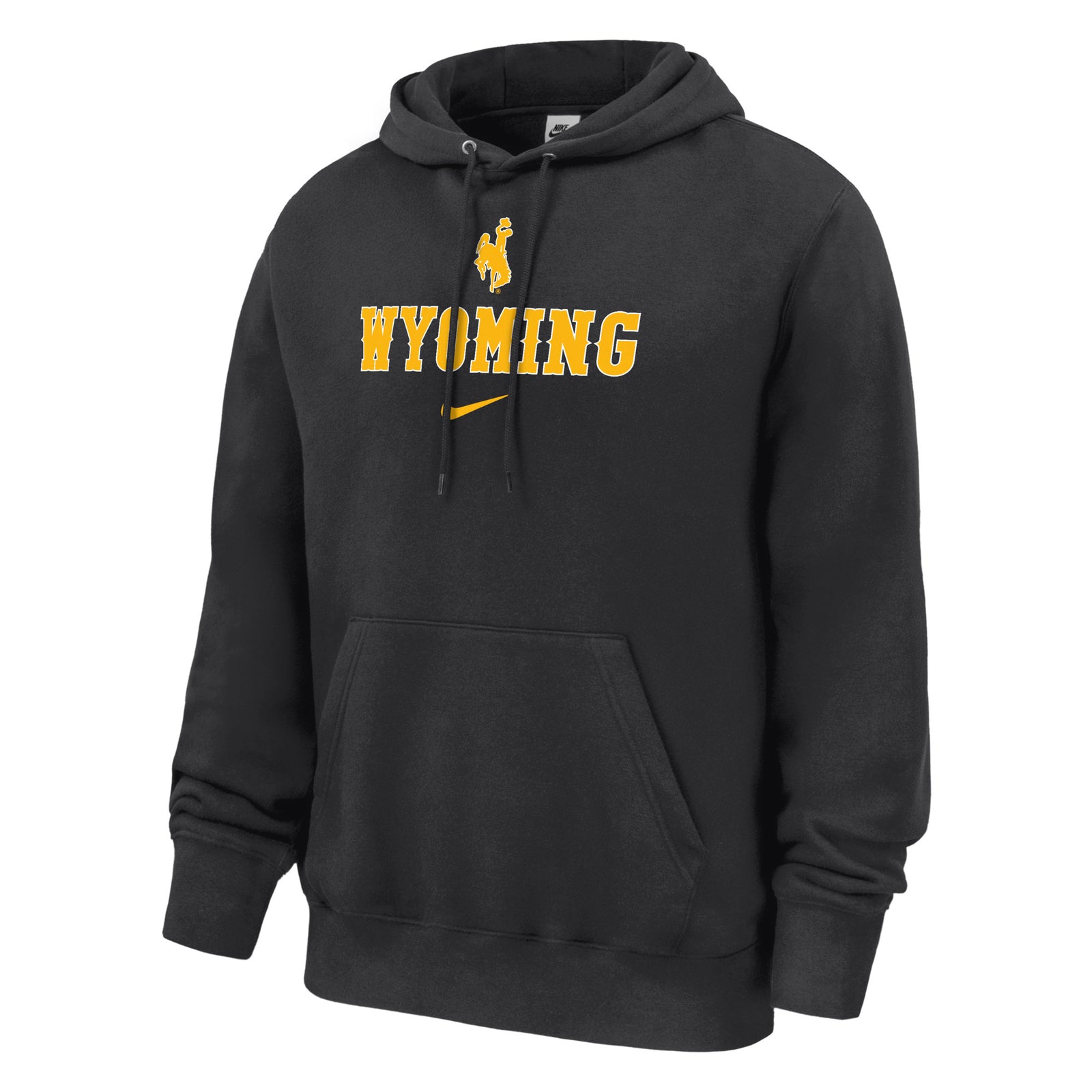 black hooded sweatshirt with design center chest. design is gold bucking horse with wyoming lettering below and a nike swoosh at bottom