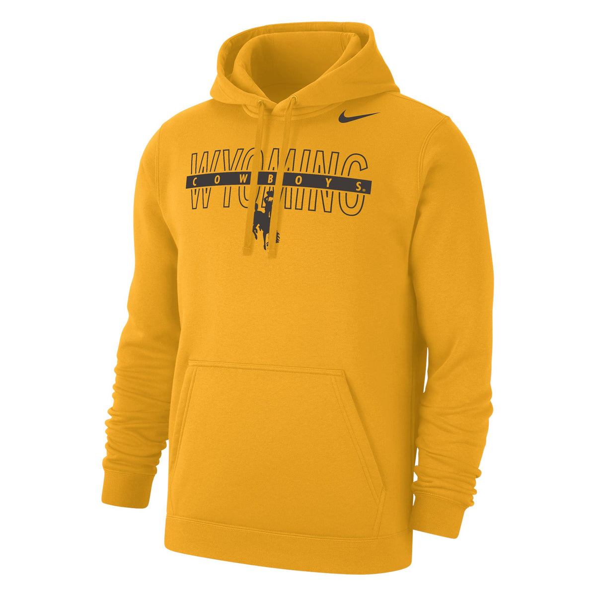 gold nike sweatshirt with black design center chest. design is outlined wyoming lettering with cowboys line going through middle. has bucking horse below and nike swoosh top left