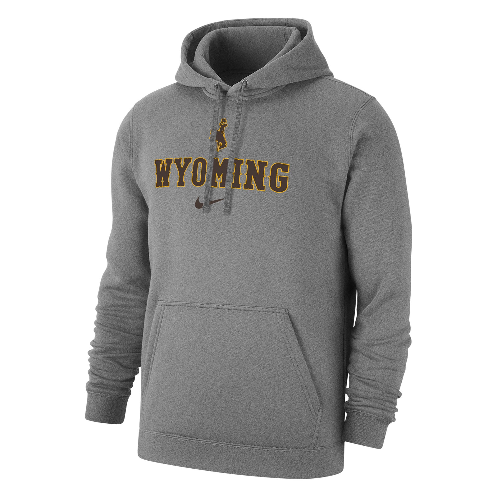 Grey Nike hooded sweatshirt with design center chest. design is brown bucking horse with gold outline. has wyoming lettering in brown below with gold outline and brown swoosh below all