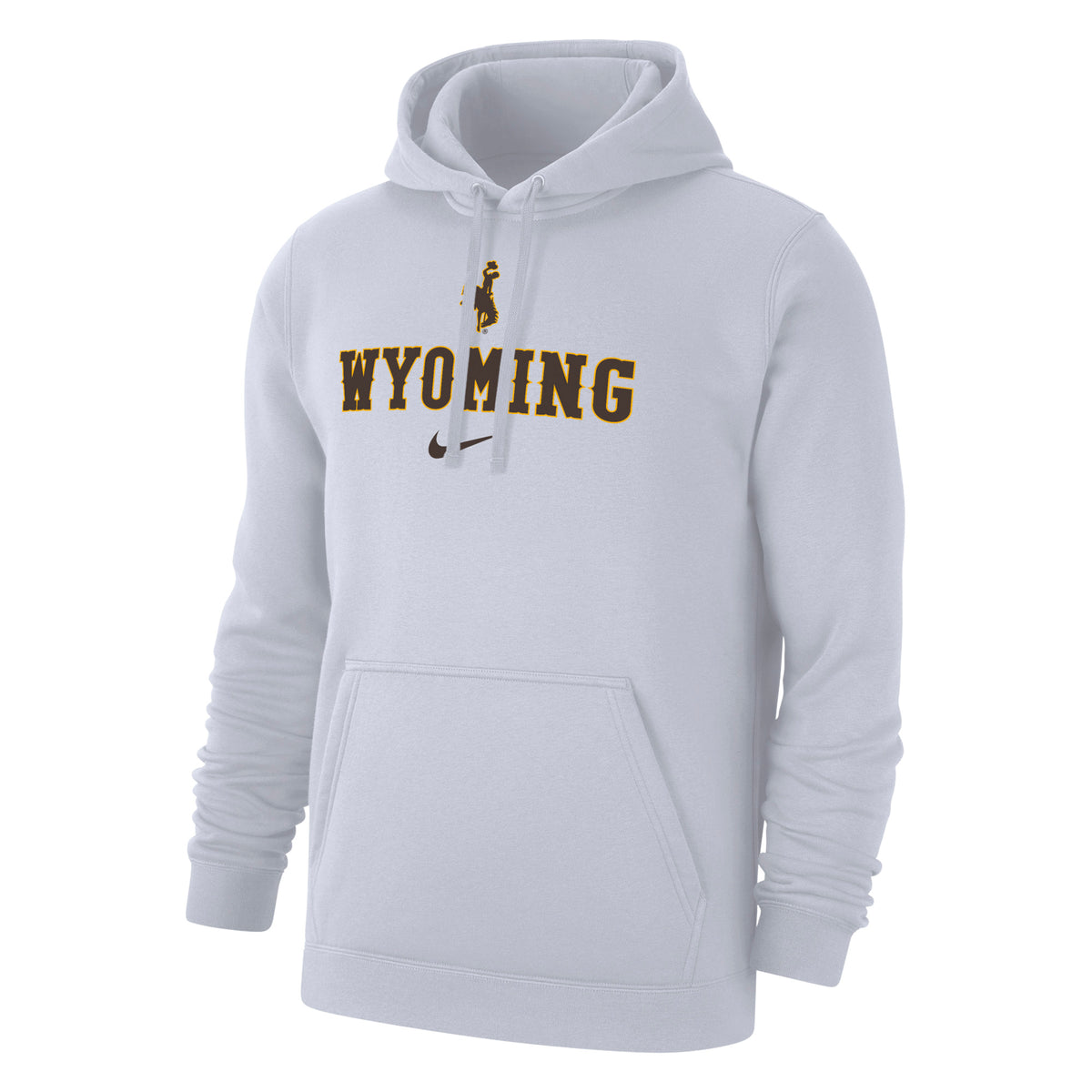 whiteNike hooded sweatshirt with design center chest. design is brown bucking horse with gold outline. has wyoming lettering in brown below with goldoutline and brown swoosh below all