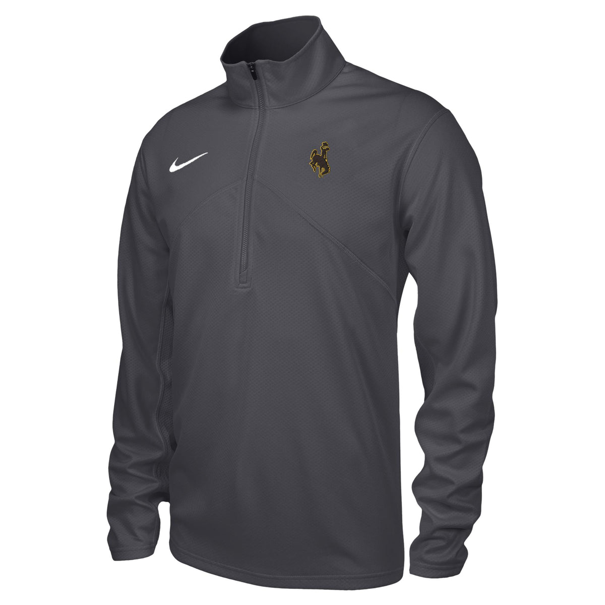 grey nike 1/4 zip. has brown bucking horse on left chest and white nike logo on right chest