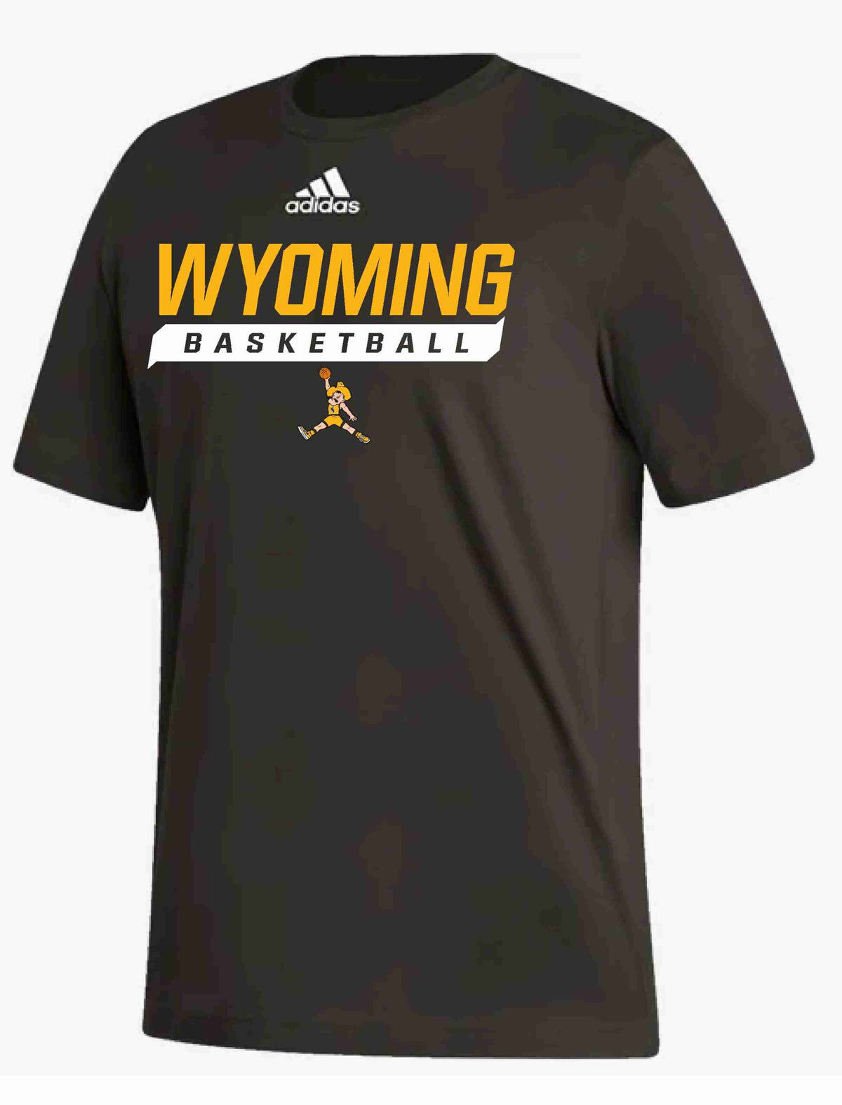 Brown adidas tee with design center chest. design is gold wyoming lettering with white box and basketball lettering inside below. pistol pete logo playing basketball at bottom and white adidas logo at top