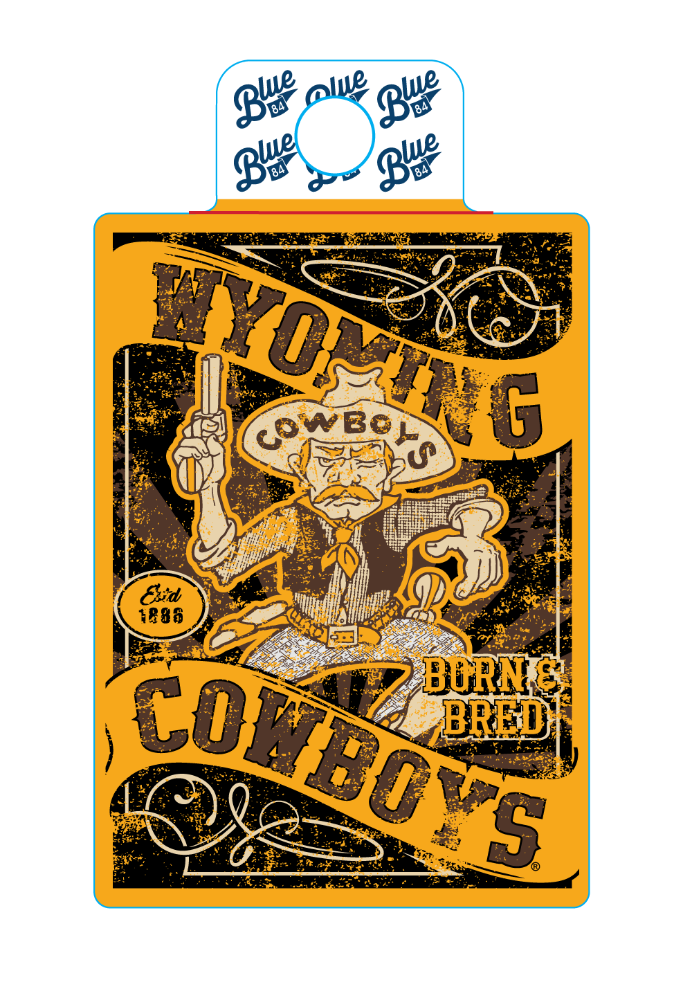 retro pistol pete decal. Pete in center with arced wyoming at top and arced cowboys at bottom. Born and bred above cowboys