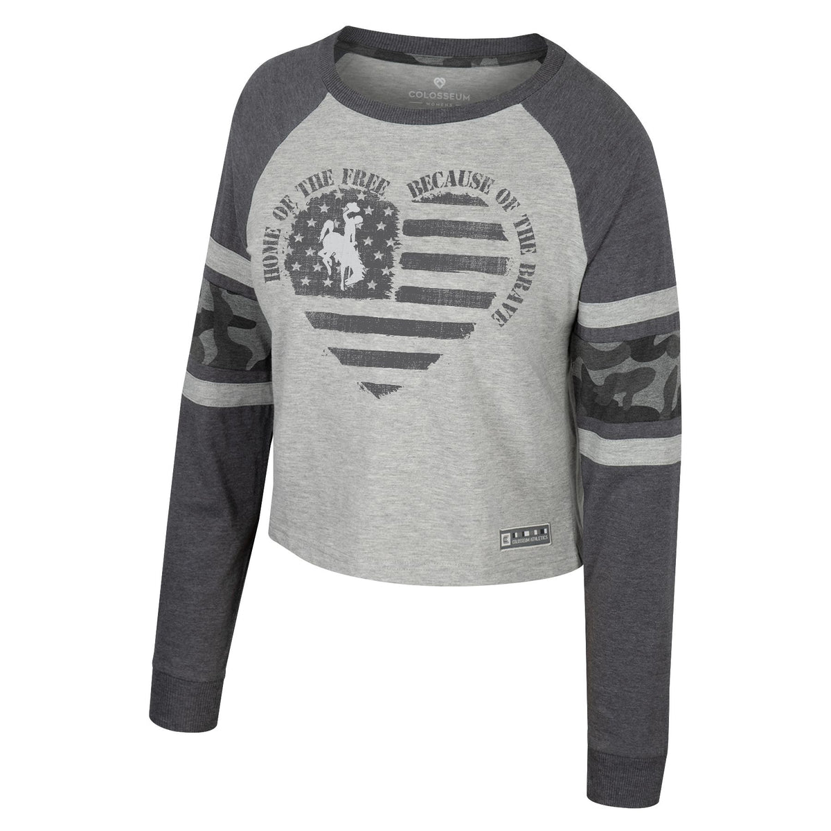 grey womens long sleeve tee with design center chest. design is in all grey, heart with USA flag and bucking horse over the stars. camo bands around elbow