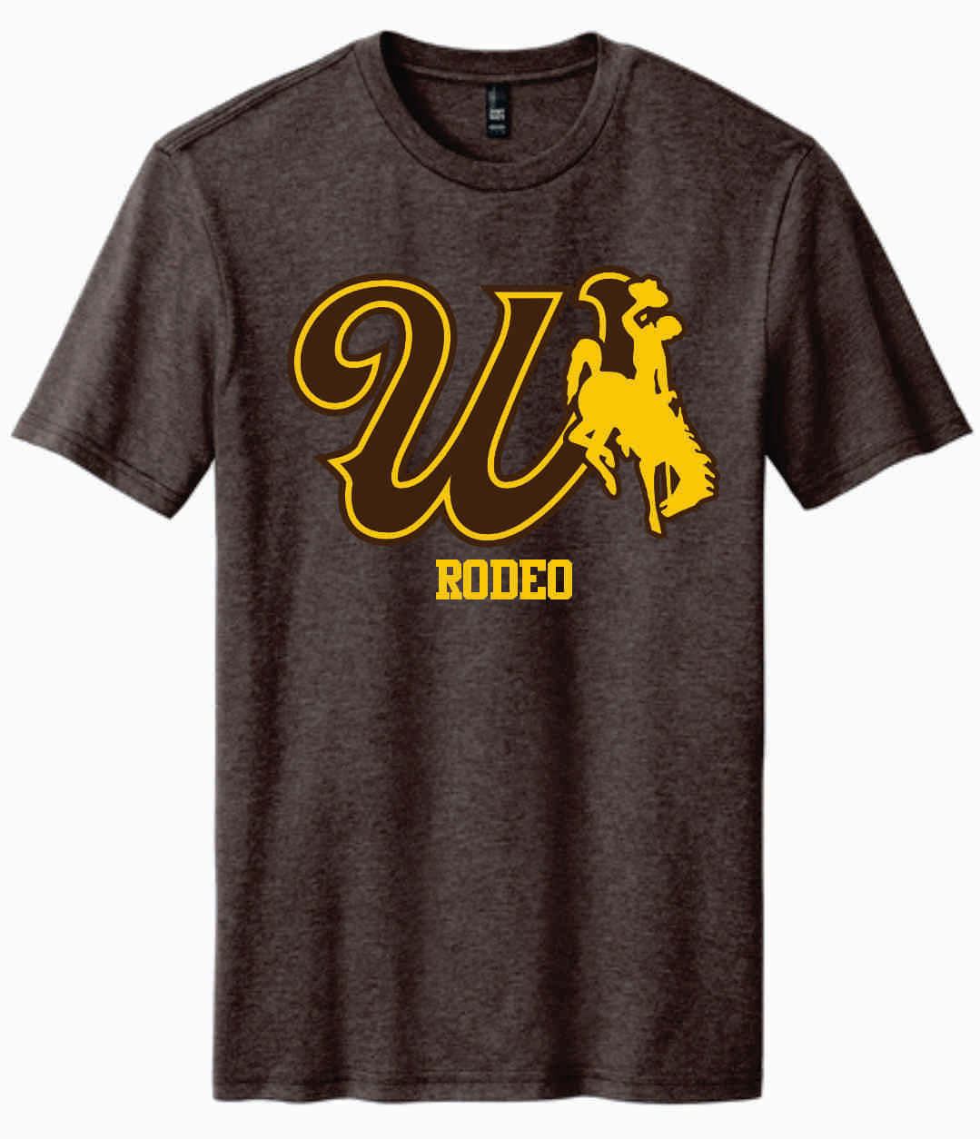 brown short sleeve with design center chest. design is brown W in brown with gold bucking horse to the left. has gold rodeo lettering below