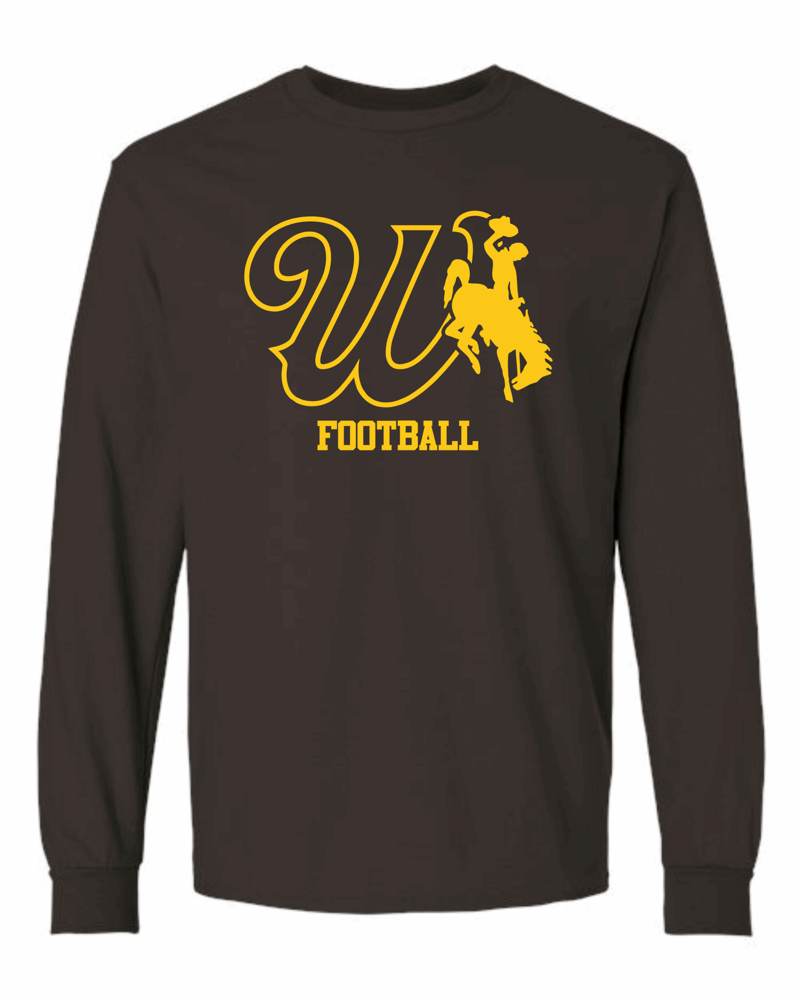brown long sleeve with design center chest. design is gold cursive w with bucking horse to the left. has football lettering in gold below