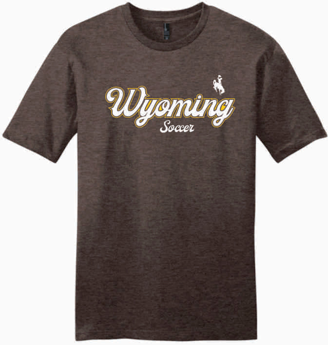 Dark brown t-shirt with 'Wyoming Soccer' text and logo in white