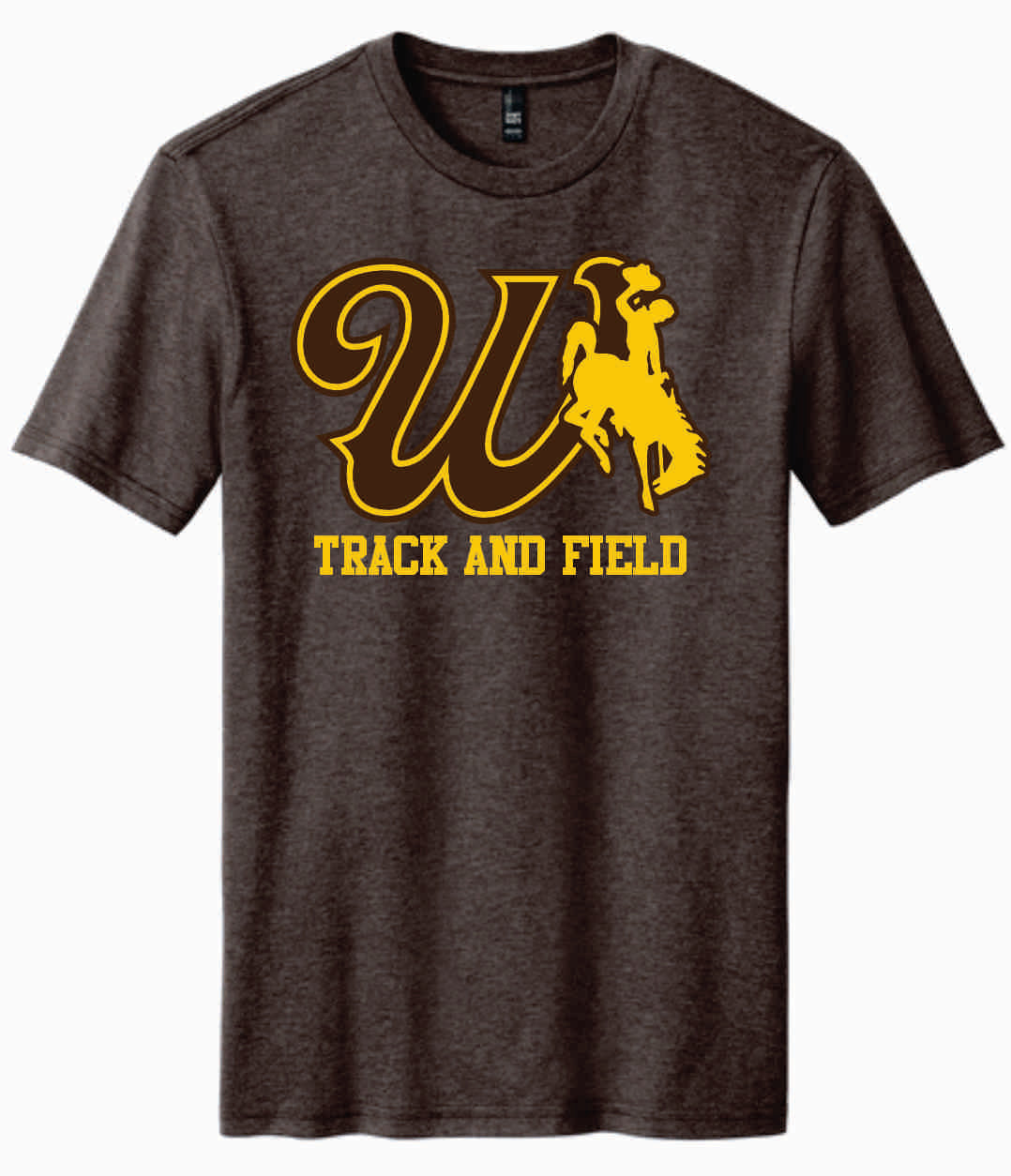brown short sleeve with design center chest. design is brown W in brown with gold bucking horse to the left. has gold track and field lettering below